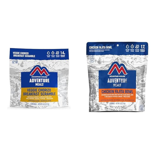Mountain House 2-Servings Veggie Chorizo Breakfast Scramble & Chicken Fajita Bowl Freeze-Dried Backpacking Food Bundle