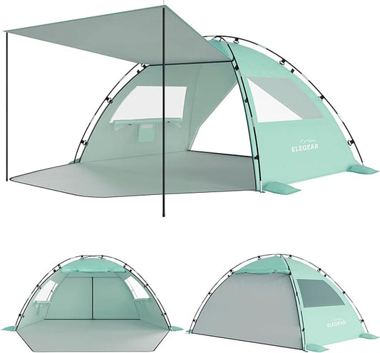 Elegear Beach Tent Sun Shelter with Canopy, 6-8 Person Pop Up Beach Tent, Easy Setup UPF 50+ UV Protection Portable Lightweight Double Silver Coating Beach Cabana Sun Shade Shelter - Green