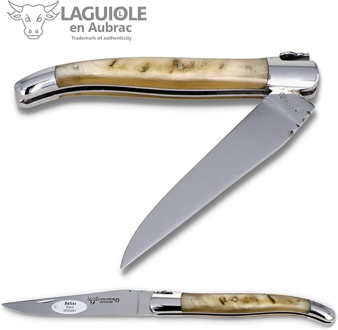 Laguiole en Aubrac Handmade Knife 12 cm L0212BEIF ram's Horn Handle, Blade and bolsters Stainless Steel Shiny