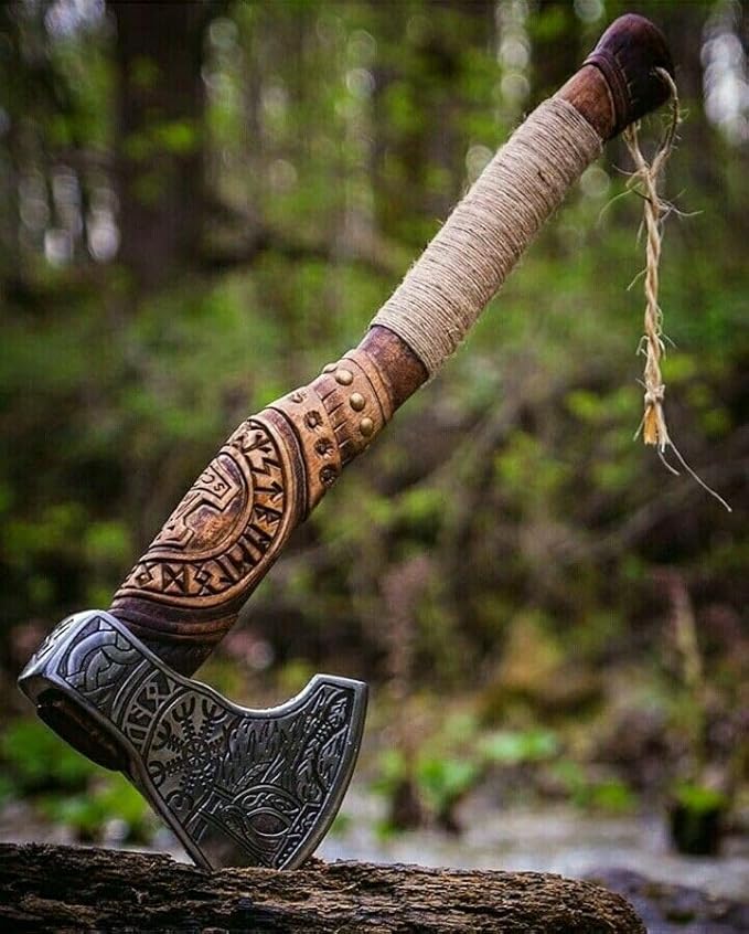 Custom Gift Forged Carbon Steel Viking Axe with Rosewood Shaft, 22" Viking Bearded Camping Axe, Damascus Steel ax, Viking Hatchet, Hunting ace, Tomahawk Battle Axe Throwing axe Viking Axe Real Weapon