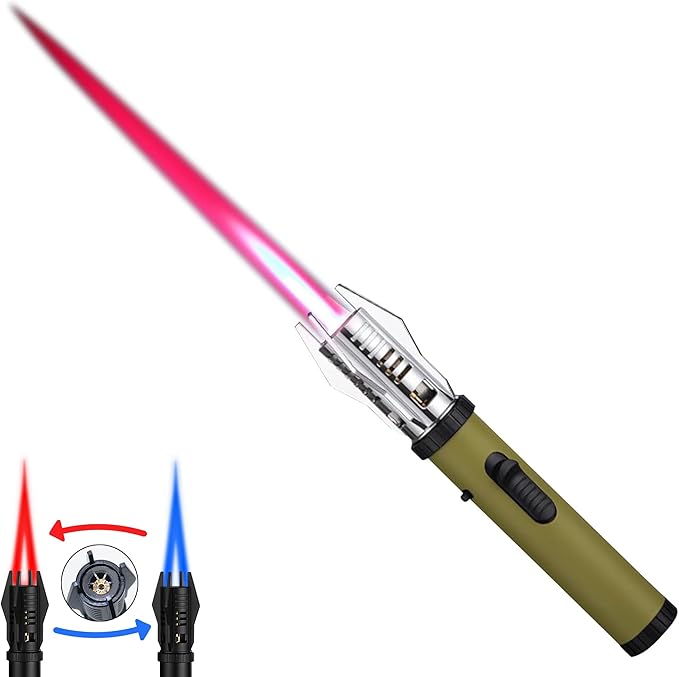 Torch Lighter, Bright Fire Lighter with Safety Lock and Adjustable Red/Blue Flame, Refillable Butane Gas Windproof Jet Flame Cool Lighters, for Candles Campfires BBQ Baking, Camping, Gift