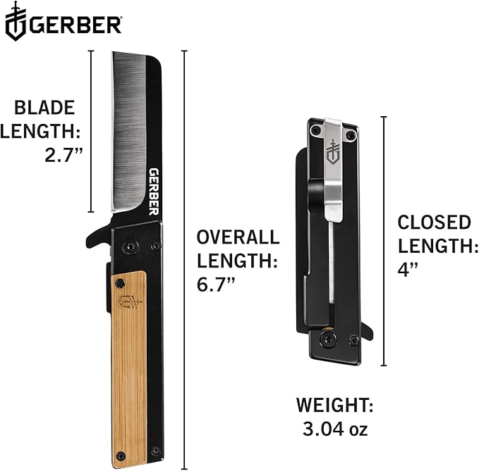Gerber Gear Quadrant Clip Folding Knife with Plain Edge Blade - Straight Edge Flipper Knife with Pocket Clip and Bamboo Handle - EDC Gear and Equipment - Stainless Steel