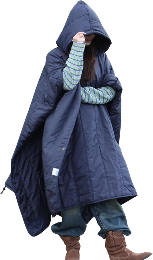 DUKUSEEK Outdoor Wearable Camping Blanket with Hood, Large Packable Backpacking Hooded Stadium Blankets, Lightweight Warm Quilt for Picnic, Hiking, Football, 79"x59"