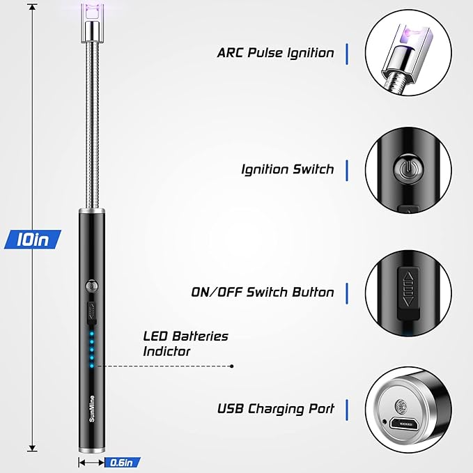 Candle Lighter Electric Arc Lighter USB Rechargeable Lighter with 360° Flexible Neck LED Display for Camping Cooking BBQs Fireworks