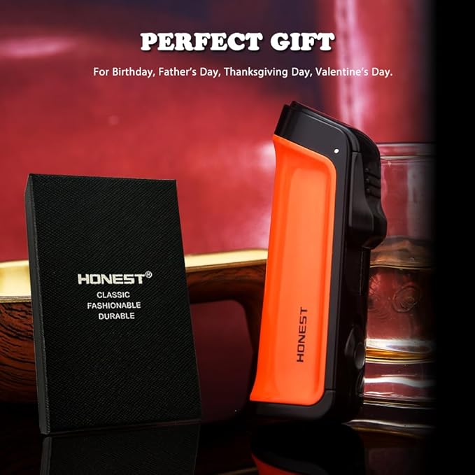 HONEST Triple Jet Torch Lighter Built-in Punch Visible Gas Window Refillable Gas Adjustable Flame Intensity Pocket Lighter Gift for Men BBQ Kitchen Fireplace Candle (Hermes Orange)