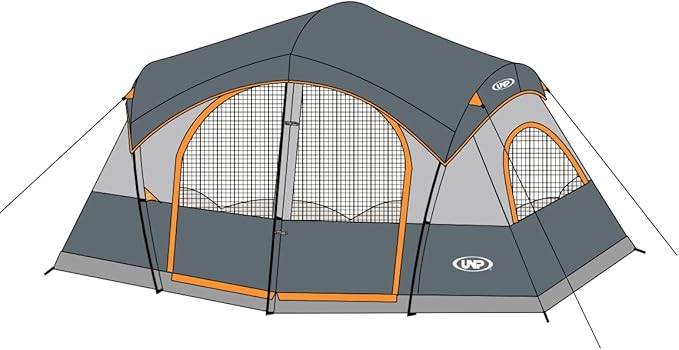 UNP Camping Tent 8/9 Person, Family Camping Tent, 5 Large Ventilation Mesh Windows, 14'x14'x78 inches Tall with Dividers Curtain for 2 Room