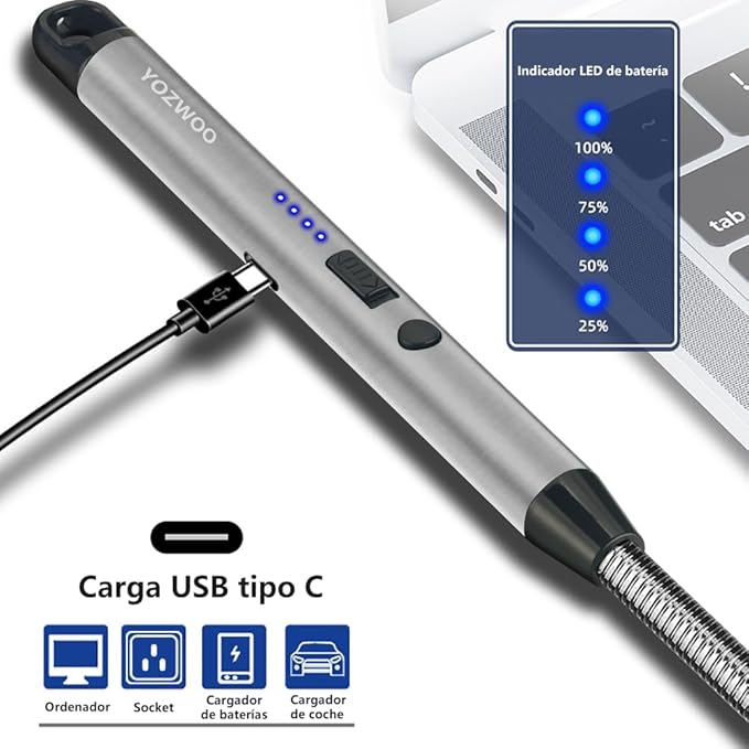 YOZWOO Electric Candle Lighter Rechargeable USB C Electronic Lighter Windproof Flameless Arc Plasma Candle Lighter Long Lighter with Smart LED Battery Display for BBQ, Camping, Cooking (Silver)