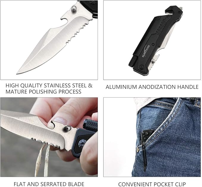 ALBATROSS Best 6-in-1 Survival Tactical Military Folding Pocket Knives with LED Light,Seatbelt Cutter,Glass Breaker,Magnesium Fire Starter,Bottle Opener;Multi-Function Emergency Tool(Black-2)