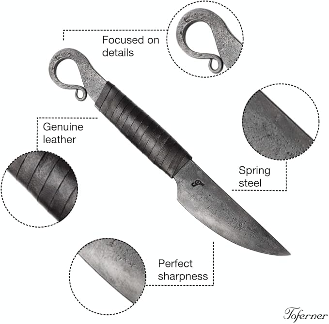 Toferner Hand Forged Knife Volute with Sheath, Vintage Knife for Antique Collection, Genuine Leather Case, Hardened Blade, Hand Made Craft, Gift Idea for Men (Black)