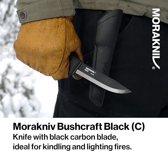 Morakniv Carbon Steel Fixed-Blade Bushcraft Knife with Sheath, Black, 4.3 Inch