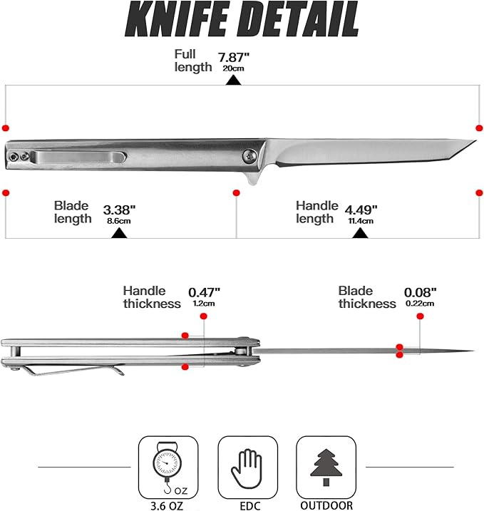 BLADESMITH Pocket Folding Knife, Gentlemen`s Slim EDC Knife, 3.5" 5Cr15Mov Steel Blade, Fully Silver Ti-coated Stainless Steel handle, with Leather Sheath