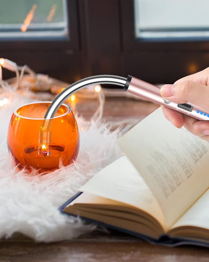 VEHHE Electric Candle Lighter, USB Rechargeable Lighters with Safety Button Lock, Flexible Neck ARC Long Lighter with LED Battery Display Windproof for Grilling Cooking Camping
