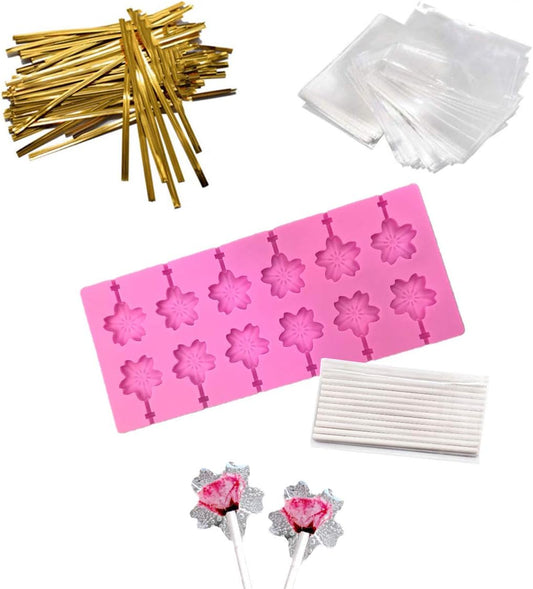 12 Capacity Silicone Cherry Blossoms Lollipop Mold Set, Sucker Molds and Chocolate Hard Candy Mold with 50pcs Lollipop Sucker Sticks, Candy Treat Bags, Gold Ties. (Cherry Blossoms Pink)