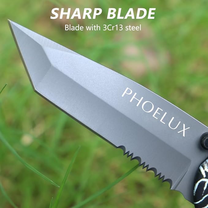 8.43" Pocket Folding Knife with Serrated Blade, Speed Spring Assisted Opening, Glass Breaker, Belt Cutter, Thumb Stud, Liner Lock and Pocket Clip, Good for Survival, Camping, Outdoor, Hunting