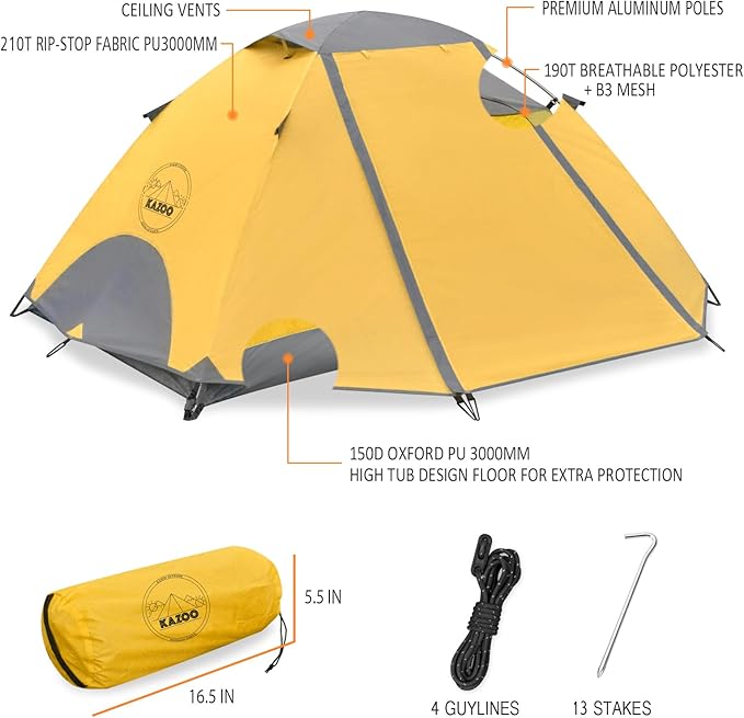 KAZOO Waterproof Backpacking Tent 2/3 Person Lightweight Camping Tents 2/3 People Hiking Tents Aluminum Frame Double Layer
