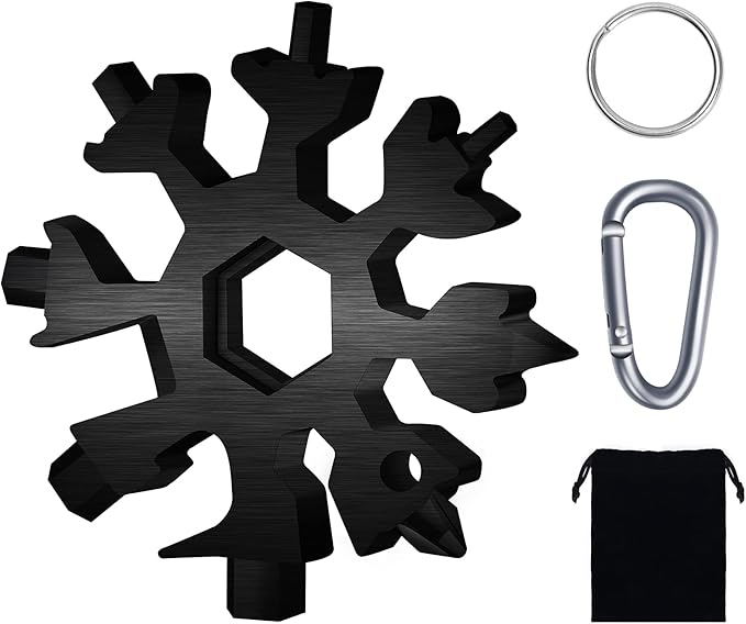 FZENeast Snowflake Multitool, 18-in-1 Stainless Steel Snowflake Standard Multitool, Snowflake Wrench with Key Ring, Carabiner Clip and Storage Bag (Black)