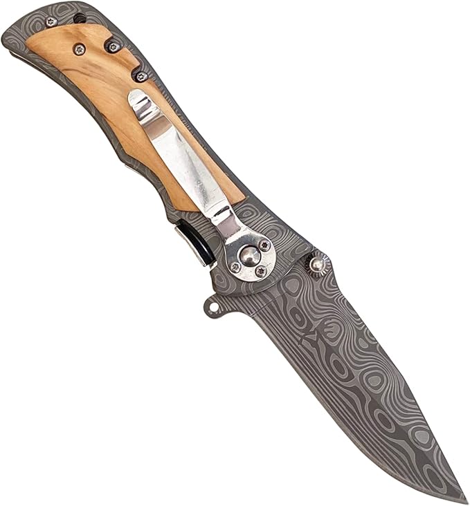 Pocket Knife, Folding Knife, Wood Handle Knife, Outdoor Camping Survival EDC Knife, gift for Men, Husband and Dad, with Nylon Pouch