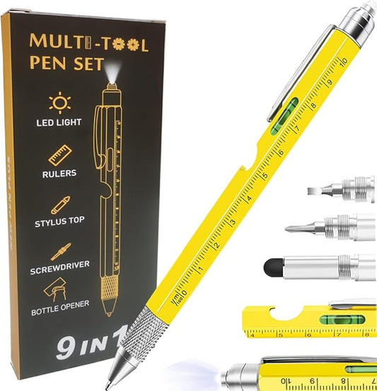 9 in 1 Multitool Pen, Stocking Stuffers Gifts Unique Christmas Birthday Multi Tool Pen for Men Dad Husband Who Have Everything, Cool Gadgets Pocket Multi Tool (Yellow)