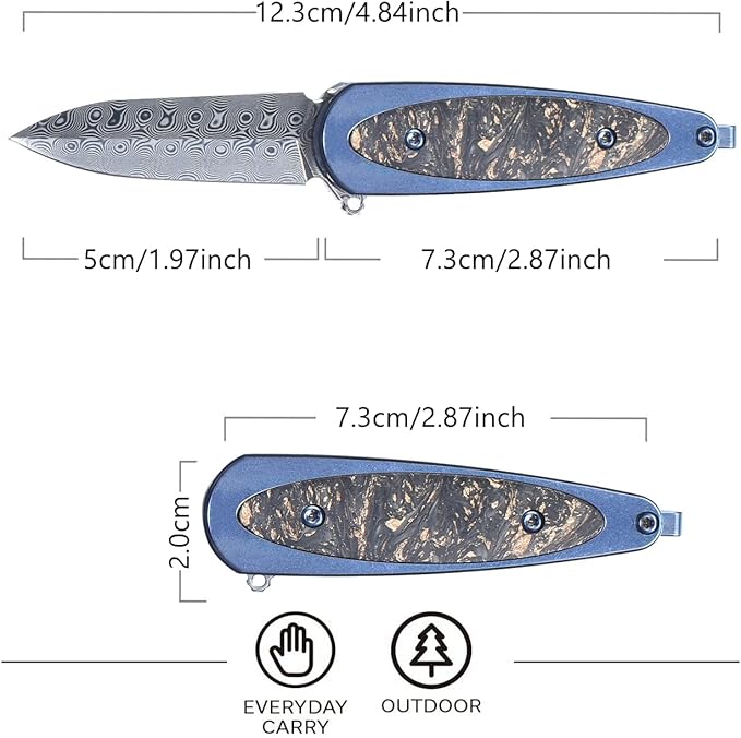 Sitivien ST228 Damascus Steel Folding Knife, Copper Platinum Carbon Fiber Inlays Handle and Rose Print Pattern Blade EDC Tool Knife for Outdoor, Camping, Hiking, Hunting(Blue) …