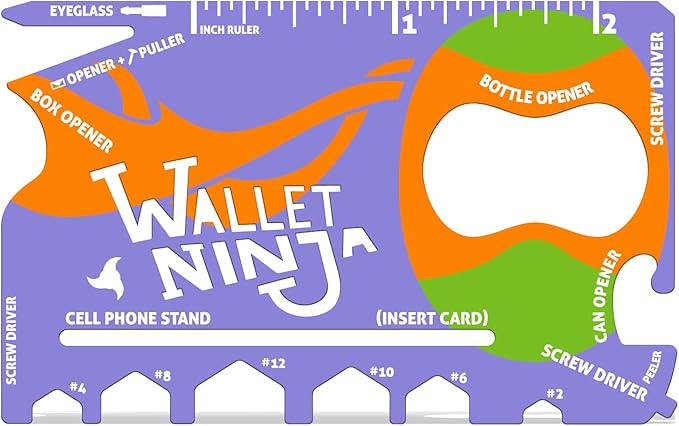 Wallet Ninja 18 in 1 Credit Card Multi-Tool: (Baby Blue, Snow White, Mutant Purple) Eyeglass Screwdriver, Hex Wrenches, Bottle Opener, Phone Stand, Can Opener, Ruler
