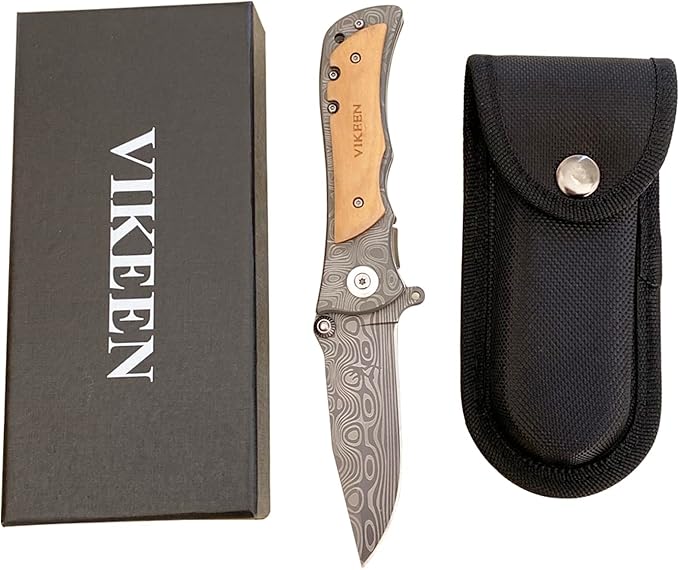 Pocket Knife, Folding Knife, Wood Handle Knife, Outdoor Camping Survival EDC Knife, gift for Men, Husband and Dad, with Nylon Pouch