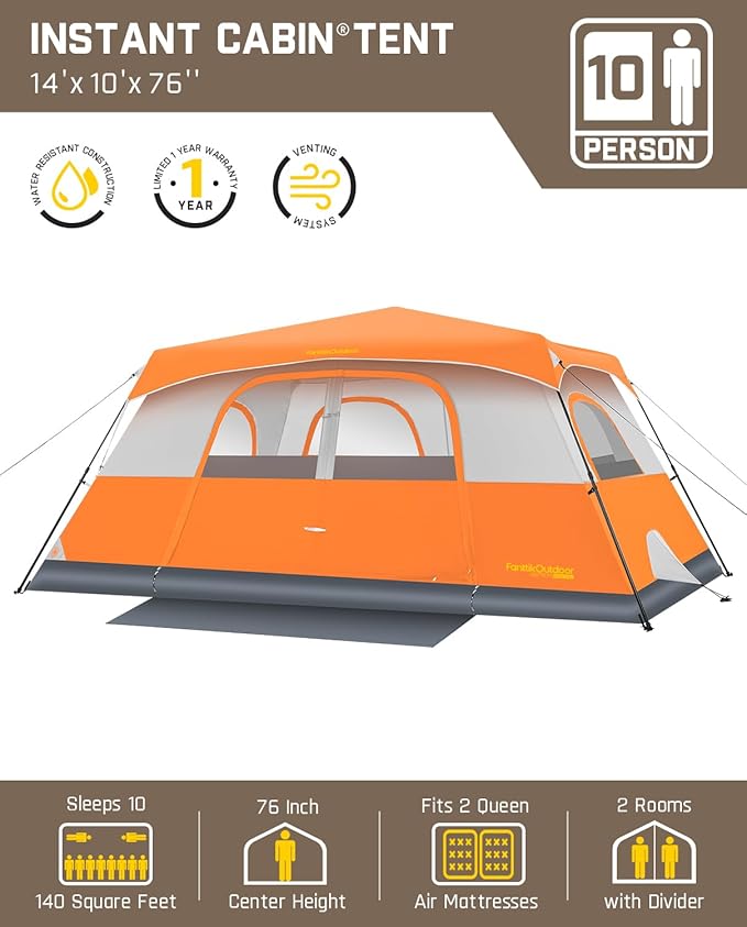 FanttikOutdoor Camping Tent 4/6/8/10 Person Instant Cabin Tent Setup in 60 Seconds with Rainfly & Windproof Portable with Carry Bag for Family Camping & Hiking