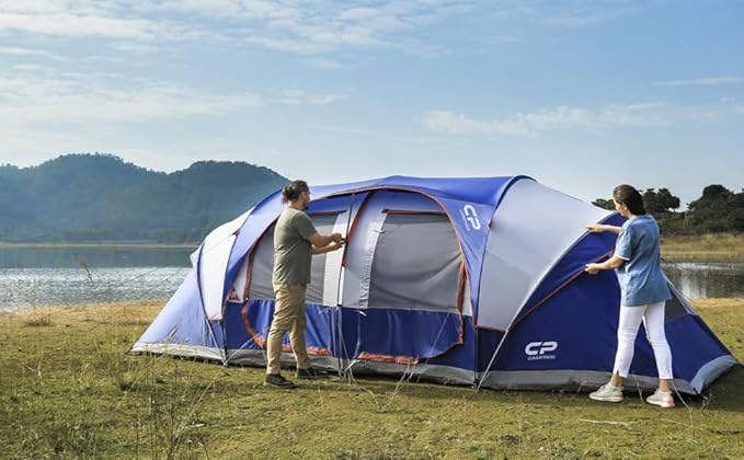 CAMPROS CP Tent-12-Person-Camping-Tents, Waterproof Windproof Family Tent with Top Rainfly, 6 Large Mesh Windows, Double Layer, Easy Set Up, Portable with Carry Bag