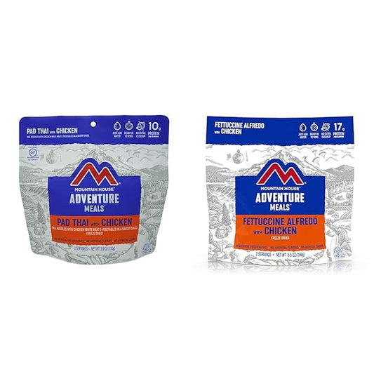 Mountain House Pad Thai with Chicken | Freeze Dried Backpacking & Camping Food |2 Servings | Gluten-Free & Fettuccine Alfredo with Chicken | Freeze Dried Backpacking & Camping Food | 2-Servings