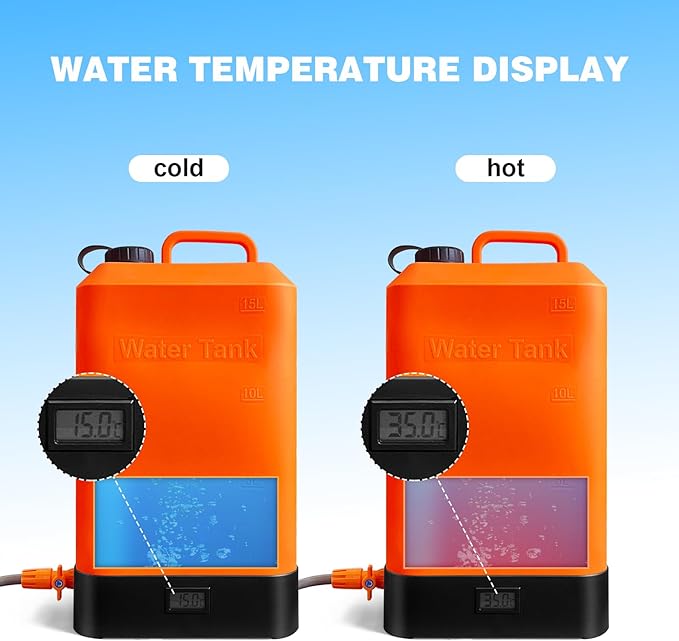 4.5 gallon/16L Silicone Water Tank,Portable Outdoor Shower,Electric Shower,8 Types of Multifunctional Shower Heads,Using Solar Heating Temperature Display,Suitable for Camping,Beach,and Hiking