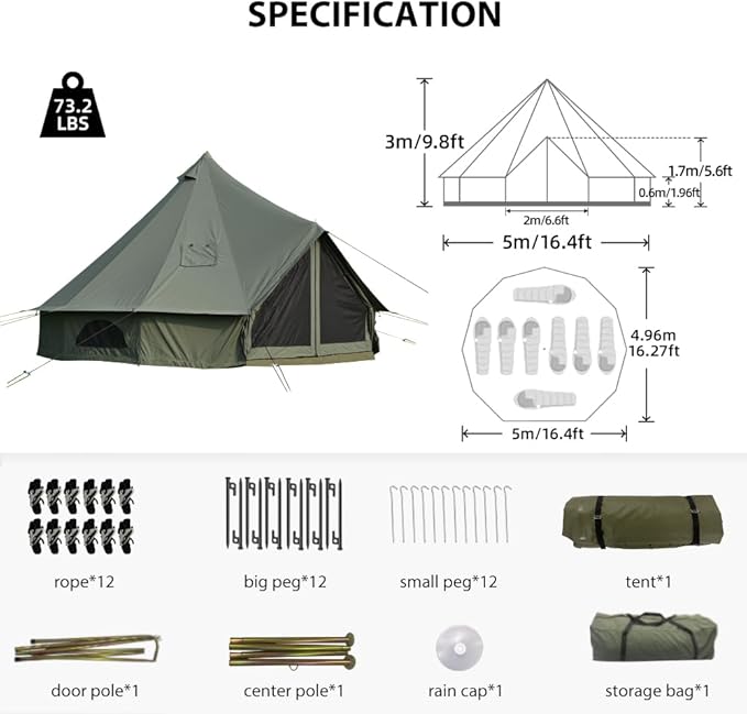 Cotton Canvas Bell Tent with Stove Jack, Roomy Yurt for Family Glamping Camping, 4 Season Tent with Zipped Removable Floor