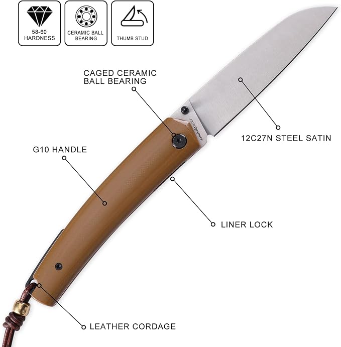 Petrified fish PF719 Folding Knife,3.34" 12C27N Steel Blade, G10 Handle Thumb Stud Liner lock Pocket knife (G10 Handle)