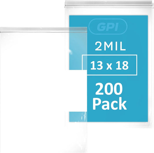 13" x 18" Extra-Large Zip Bags, 2 Mil Thick Clear Plastic Reclosable Zipper Lock Bags with Write-on White Block, with Resealable Zip Top Lock for Food Storage & Office Supplies, 200 Count