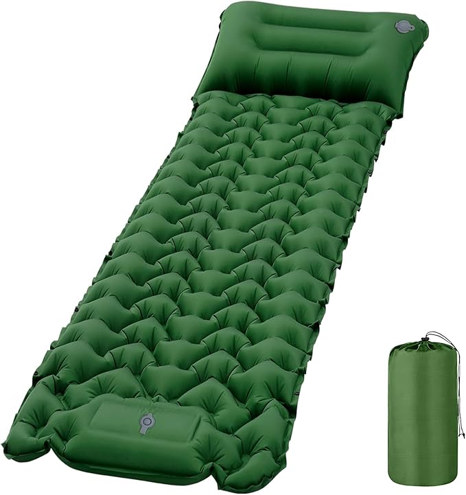 Sleeping Pad, 50D Inflatable Camping Mat with Pillow Built-in Foot Pump Sleeping Mat Waterproof Portable and Compact Camping Mattress for Backpacking Hiking Traveling Tent Air Mattress (Green)