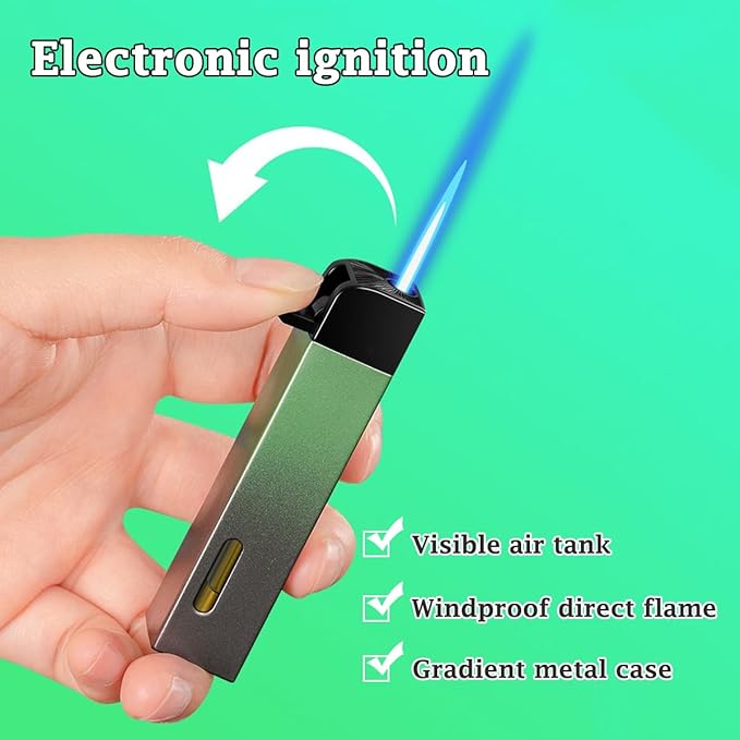Torch Lighters, Jet Butane Lighters, Adjustable Flame Windproof Butane Refillable Gas with Visible Gas Tank for Candle, Grill, BBQ, Fireworks, Camping (Butane Not Included) (Green Gradient)