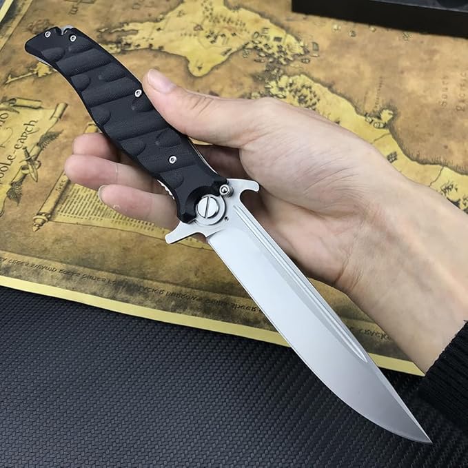 HUAAO 10.2in Large Flipper Assisted Opening Pocket Knife for Men, D2 Steel Folding Pocket Knife with G10 Handle, Safety Liner Lock, EDC Knife for Outdoor Camping Survival