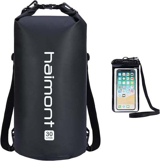 Haimont Waterproof Dry Bag Floating Dry Sack Roll Top Drybag Backpack for Kayaking, Rafting, Boating, Fishing with IPX8 Waterproof Phone Case, Black, 30L