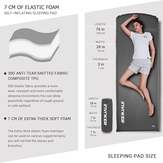 INVOKER Camping Sleeping Pad 2.76” Memory Foam Self Inflating Sleeping Pad Camping Mat with Pillow for Tent Backpacking Traveling Hiking Car Camping Air Mattress