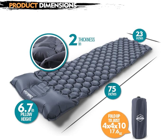 ZOOOBELIVES Ultralight Sleeping Pad with Built-in Pillow, Inflatable Camping Mattress for Backpacking, Traveling and Hiking, Compact and Portable Camp Mat