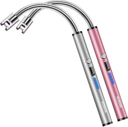 RONXS Lighter Electric Lighter Rechargeable Arc USB Candle Lighters with LED Battery Display, Flexible Neck Windproof Flameless Plasma Long Lighters for Candle BBQ Camping (L-Silver&Pink)