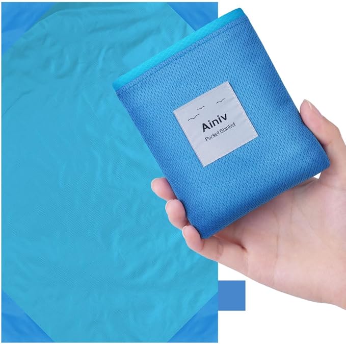 Ainiv Picnic Blanket, Mini Pocket Beach Mat 43.3 x 55.1IN (2-3 People) Foldable, Lightweight Waterproof Sand Free, Foldable Thin Ground Sheet for Outdoor Camping Hiking Travel - with Hand Strap