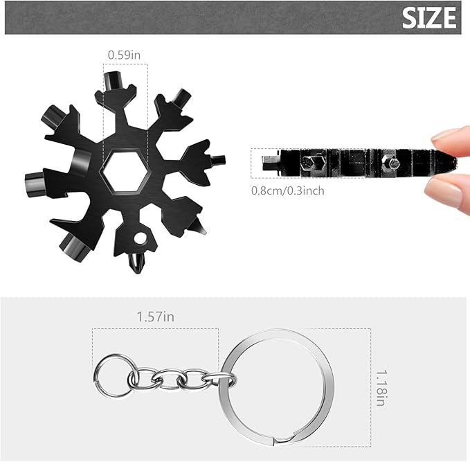 Snowflake Multitool, 2Pcs 18 in 1 Snowflake Multi tool Stainless Steel Snowflake Tool with Keyring(Black and Silver)