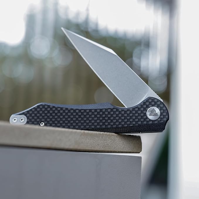 Carbon Fiber Pocket Knife 3.66 inches Stonewashed 14C28N Blade Liner Lock Handle Folding Camping Knives with Deep Carry Reversible Clip for Men Outdoor Hunting，Lynx-05CG