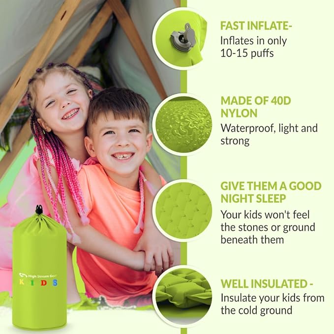 Kids Sleeping Pad for Camping and Sleepovers with Pillow, Inflatable Camping Mattress for Backpacking & Travel, Thick Toddler Cot Mat, Fast Inflating Camping Sleeping Pads for Kids