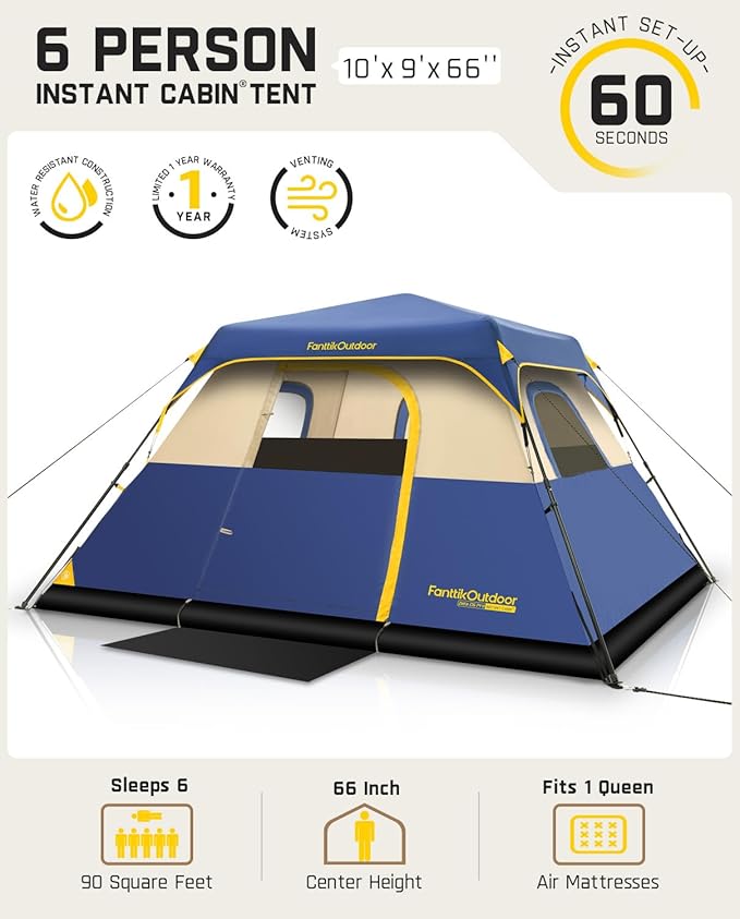 FanttikOutdoor Camping Tent 4/6/8/10 Person Instant Cabin Tent Setup in 60 Seconds with Rainfly & Windproof Portable with Carry Bag for Family Camping & Hiking, Upgraded Ventilation