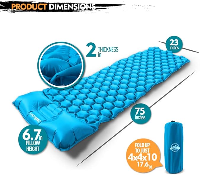 ZOOOBELIVES Ultralight Sleeping Pad with Built-in Pillow, Inflatable Camping Mattress for Backpacking, Traveling and Hiking, Compact and Portable Camp Mat