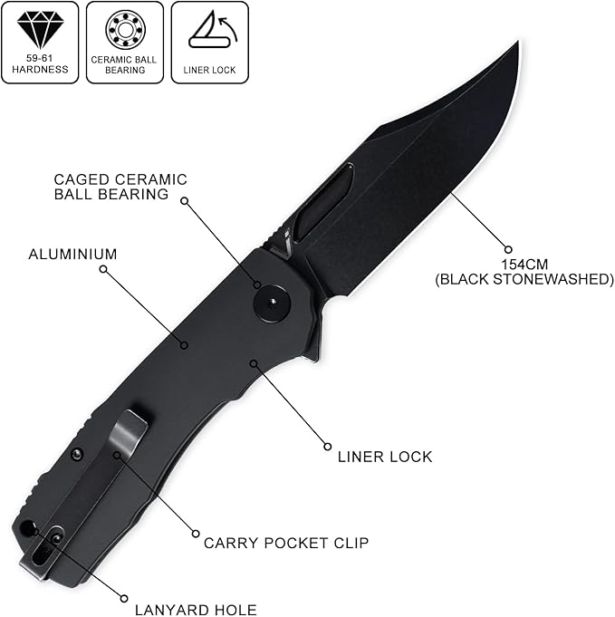 Petrified fish PFP03 Victor,3.58" 154CM Steel Black Stonewashed Blade,4.8oz Aluminium Handle Flipper Liner lock Folding knife (Black - A Stonewashed)