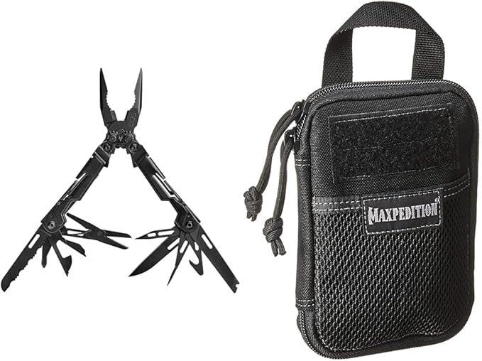 SOG PowerPint Mini 18-in-1 Stainless Steel Multitool Pocket Knife Bundle with Black Mini Pocket Organizer