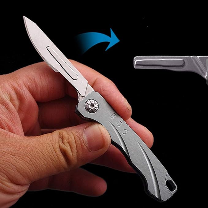 Mini EDC Pocket Knife,Aluminium Alloy Handle Carbon Steel Blade Folding Knife with 10 Extra Replaceable Blades,Portable Lightweight and Compact (Grey)
