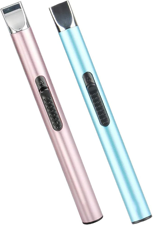 Candle Lighter, Electric USB Rechargeable Lighter Arc Long Lighter Flameless Lighter with Safe Button for Candle BBQ Grill Fireworks Cooking(Blue & Rose Gold 2Pcs)