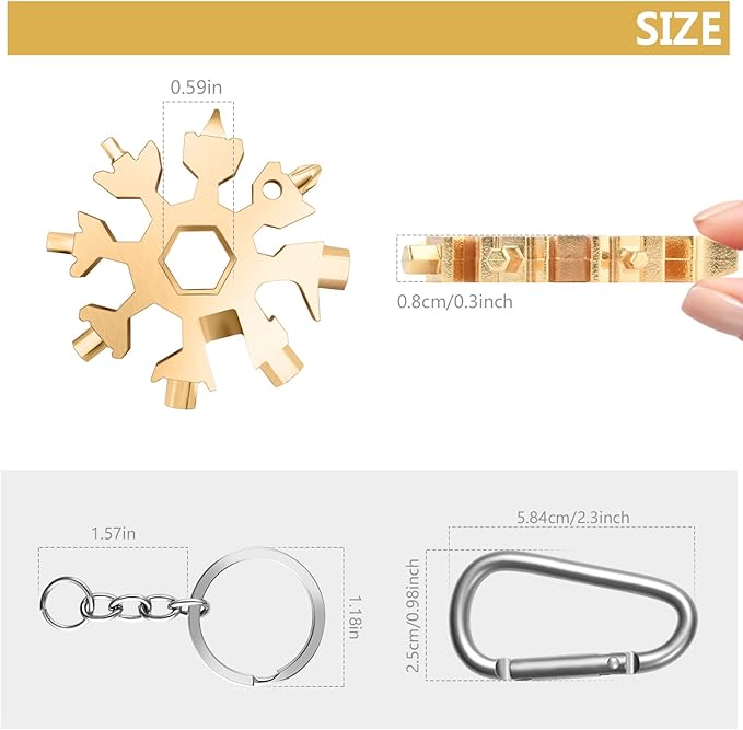 Snowflake Multitool, 2Pcs 18 in 1 Snowflake Multi tool Stainless Steel Snowflake Tool with Keyring(Gold)